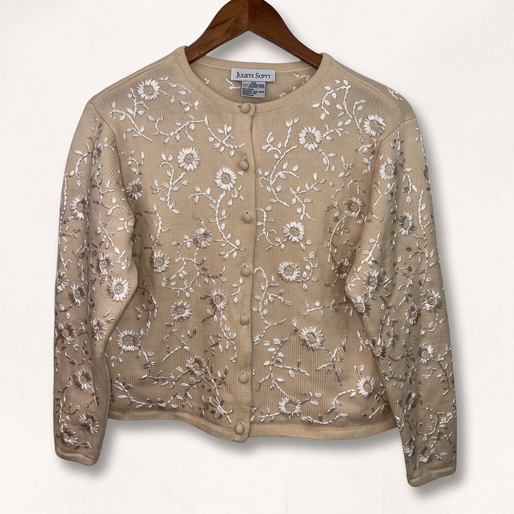 Robert Scott Women's Merino Wool Cardigan Floral Embroidered Cottagecore Beige M